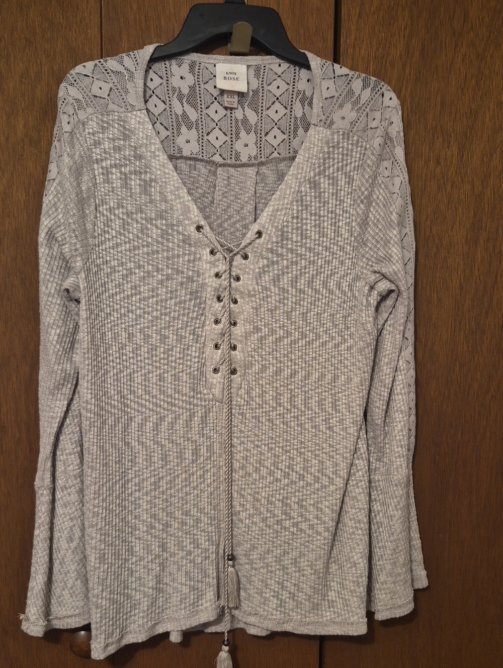 Knox Rose  Light Brown Lace-Back Waffle Knit Lace-Up Long Sleeve Top SZ XXL